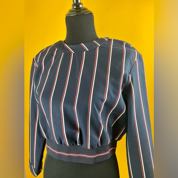 NWT Zara Navy Burgundy Striped Crop Top - Picture 2 of 7